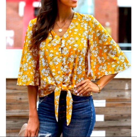 Tops - Yellow Floral Tied Front Top